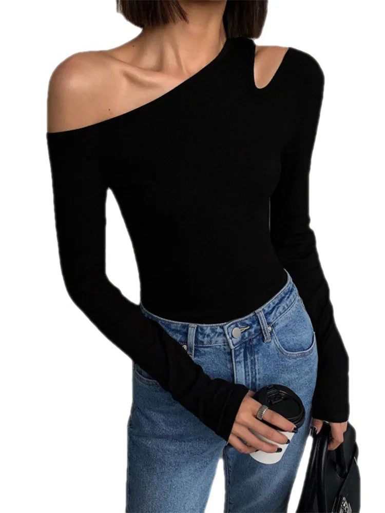 Skew Collar Off-Shoulder Slim Crop Top – Long Sleeve Hollow Out Tee for Women