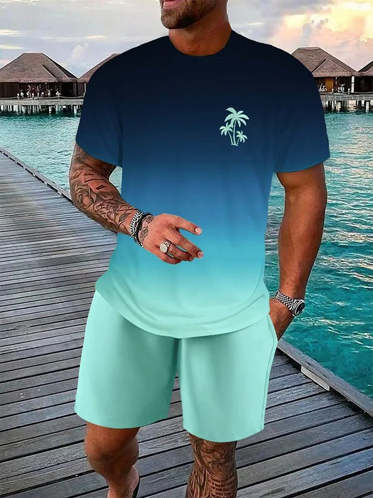 Men's 3D Palm Print Hawaiian Set – Summer Casual T-Shirt & Beach Shorts for Everyday, Vacation, Outdoor Wear