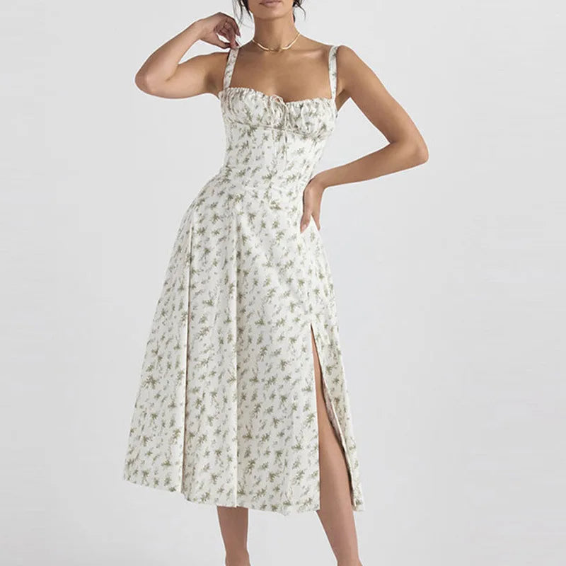 Women’s Floral Print Summer Midi Dress – Lace-Up Corset Beach Vacation Dress