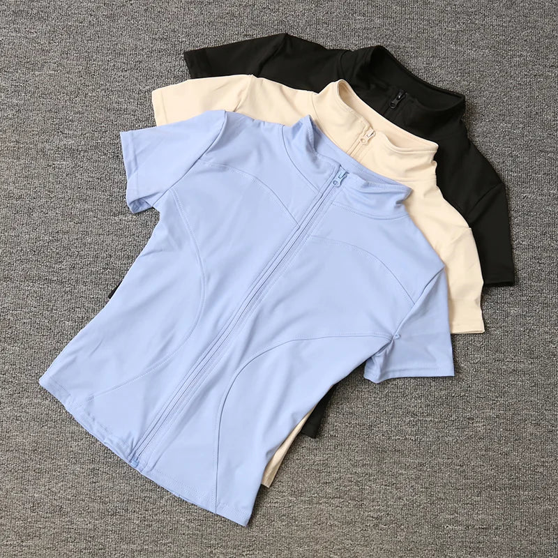 Women’s Summer Slimming Quick-Dry Yoga Top – Short Sleeve, Full-Zip