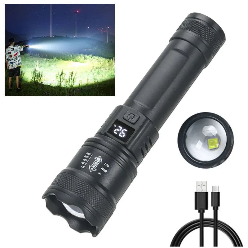 2000LM LED Tactical Flashlight – USB Rechargeable Zoom Torch