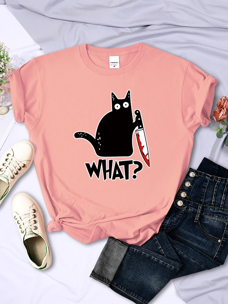 Black Cat Knife Tee – Women’s Short Sleeve Summer Streetwear
