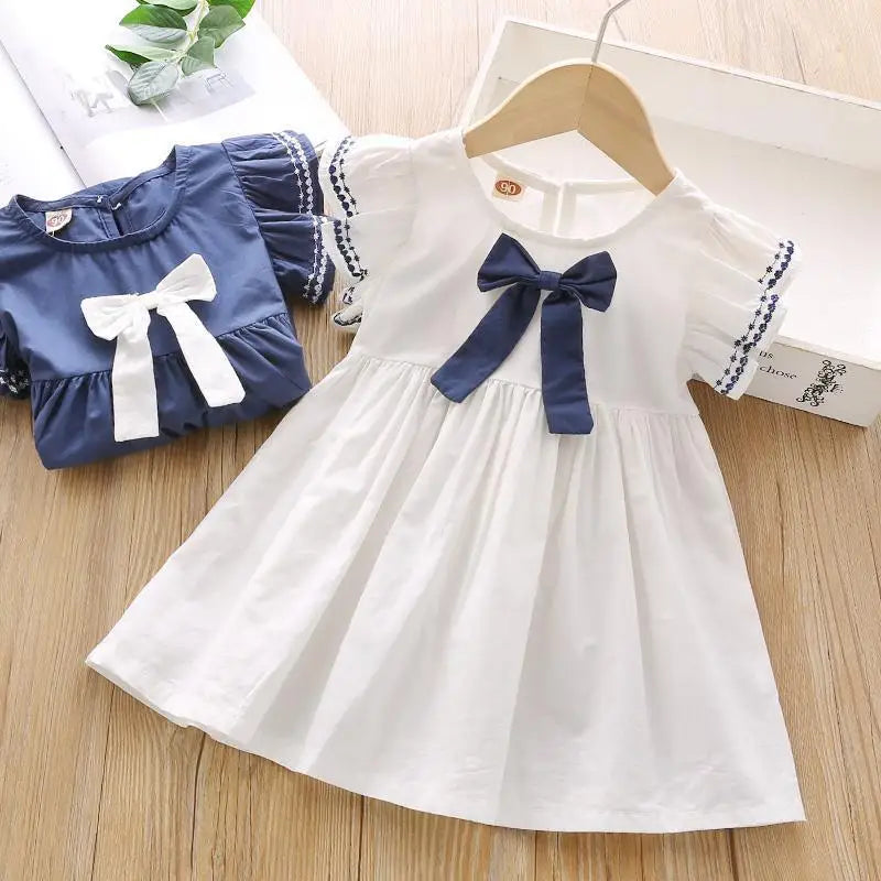 Girls’ Flying Sleeve Cotton Princess Dress with Big Bow