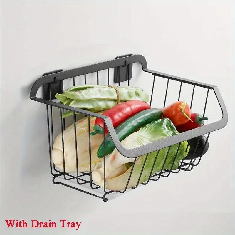 Stainless Steel Kitchen Storage Basket – Wall-Mounted Organizer for Fruits, Vegetables, Spices & Dishes