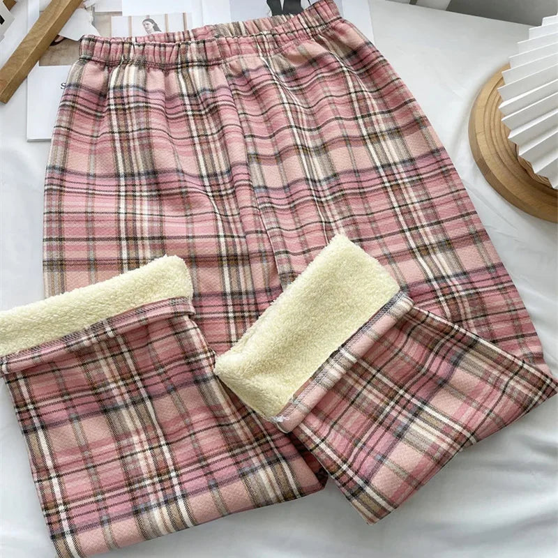 Women’s Winter Plaid Wide-Leg Pants – High-Waist & Fleece-Lined
