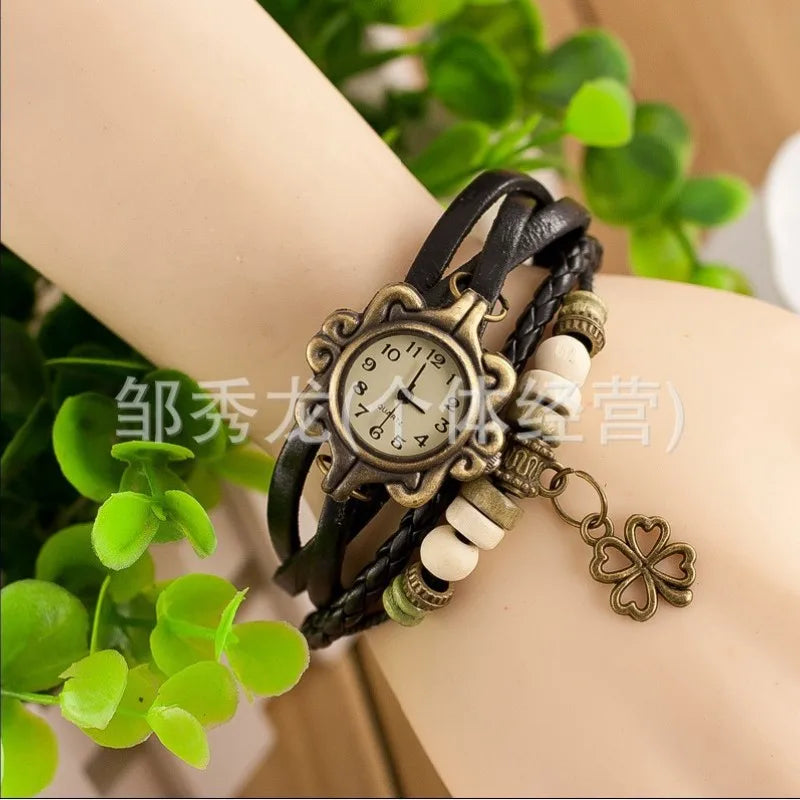 Vintage Leather Bracelet Watch – Butterfly & Clover Pendant