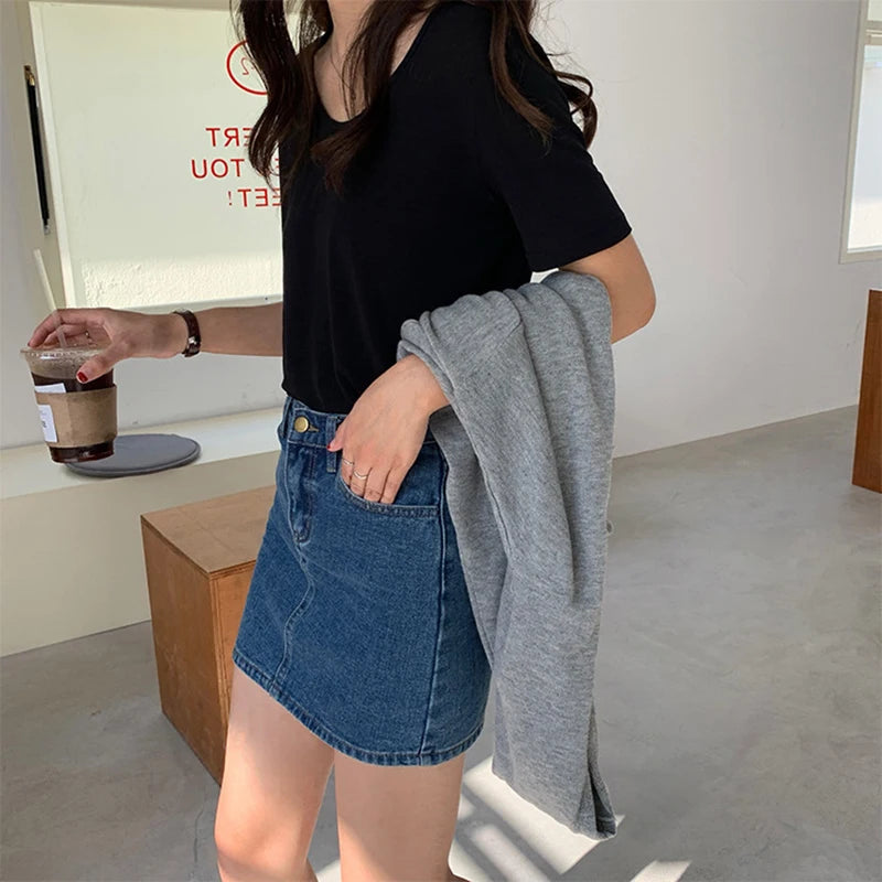 Korean High-Waisted Denim Mini Skirt – Slim Fit, Retro Style