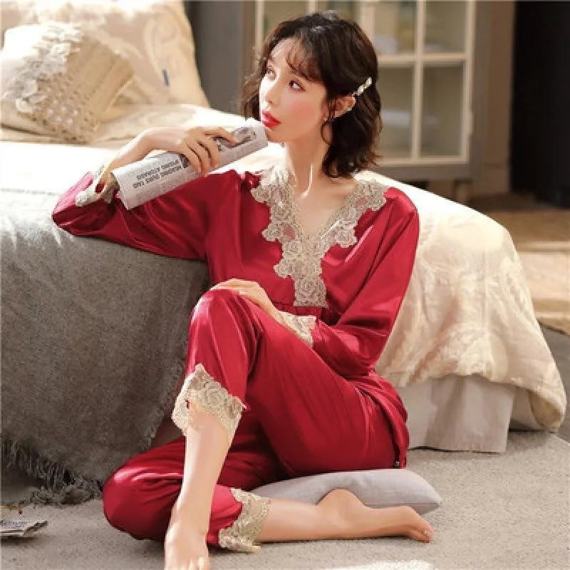 Ice Silk Lace Pajamas – Women's Long Sleeve 2-Piece Sleepwear
