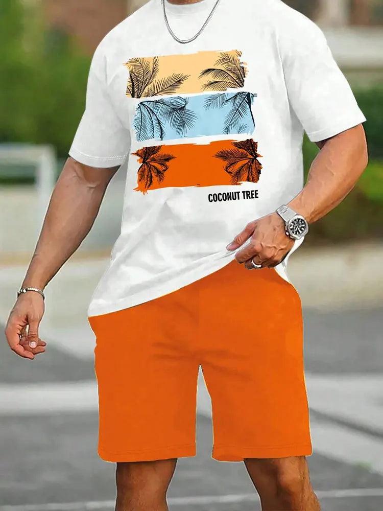 Men's 3D Palm Print Hawaiian Set – Summer Casual T-Shirt & Beach Shorts for Everyday, Vacation, Outdoor Wear