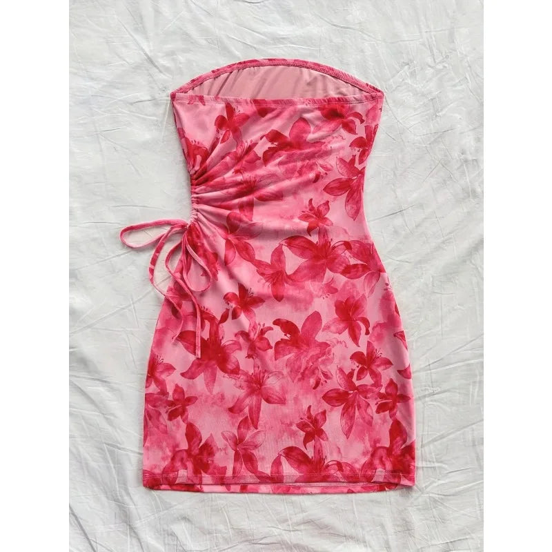 Floral Strapless Mini Dress – Ruched Backless Bodycon Party Dress