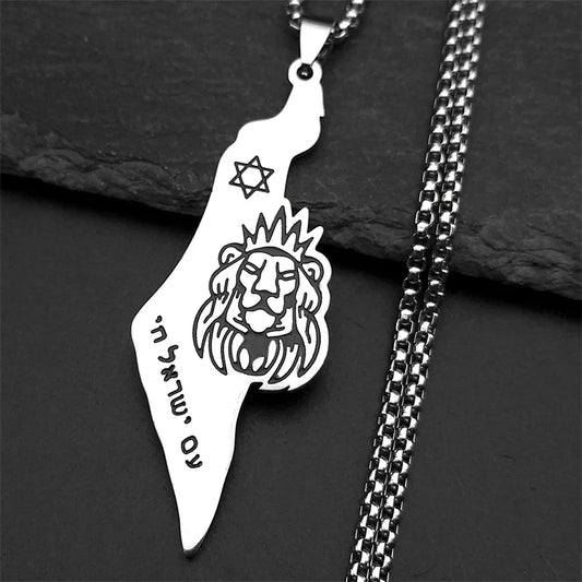 Israel Map Lion of Judah Star of David Pendant Necklace – Gold Stainless Steel.