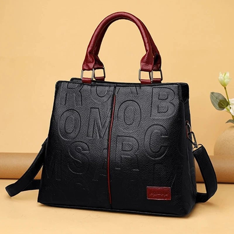 Luxury Black & Red Leather Handbag – Medium Tote with Top Handle
