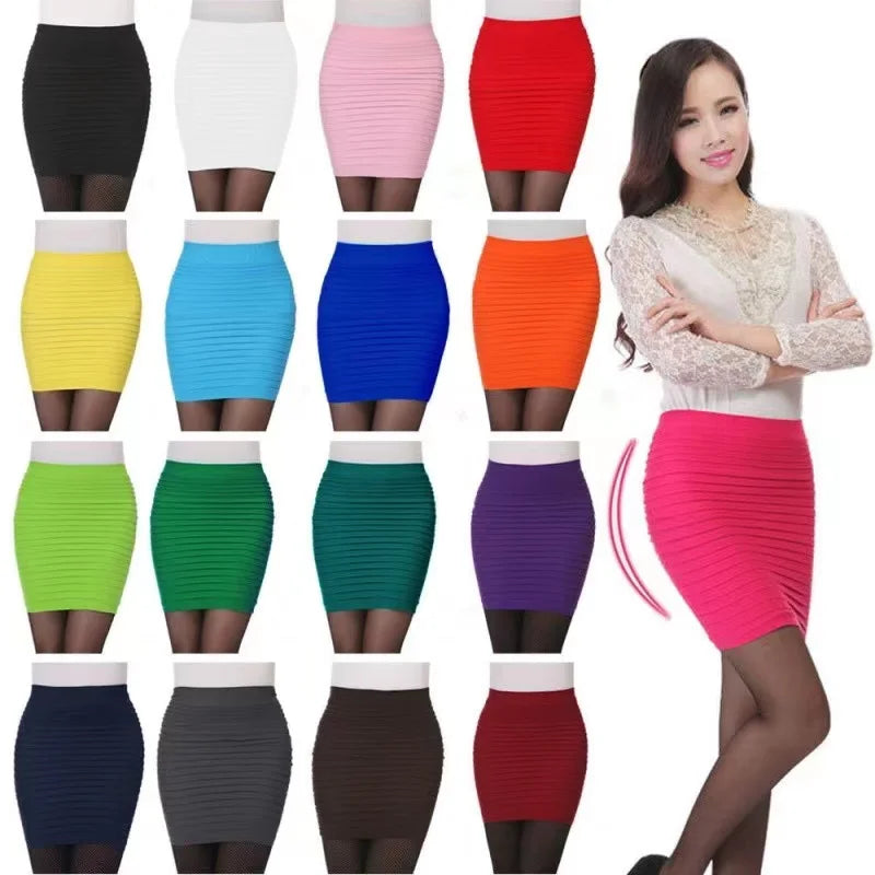 Summer Women High Waist Skirt – Solid Color Elastic Pleated Mini Skirt, Slim Draped Office Lady Pencil Skirt