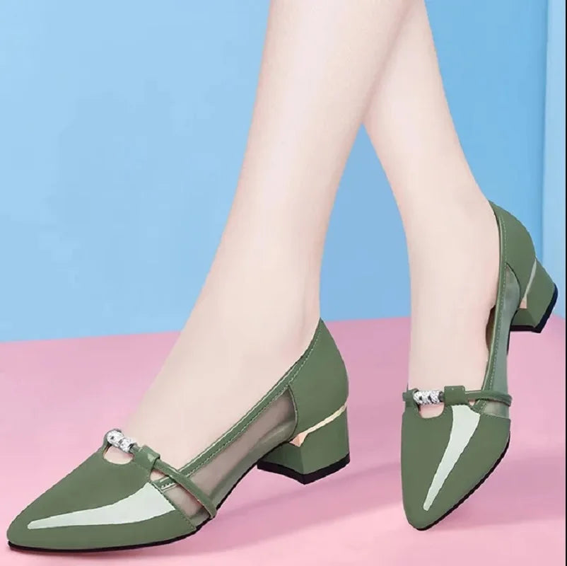 Women’s Green & Black Hollow-Out High Heel Pumps – Breathable Office Shoes