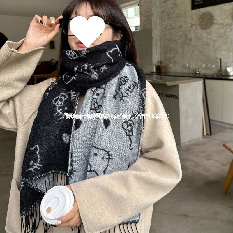 Hello Kitty Scarf Cute Anime KT Women Accessories Winter Black Grey Double Sided Versatile Simple Decoration Girl Gift Wholesale