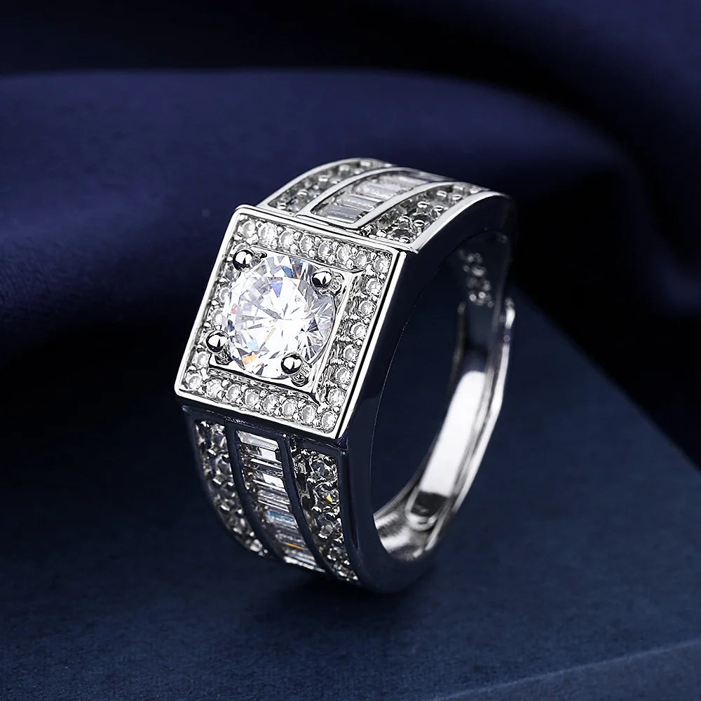 925 Sterling Silver Adjustable Crystal Ring – Fashion Wedding & Engagement Jewelry for Men
