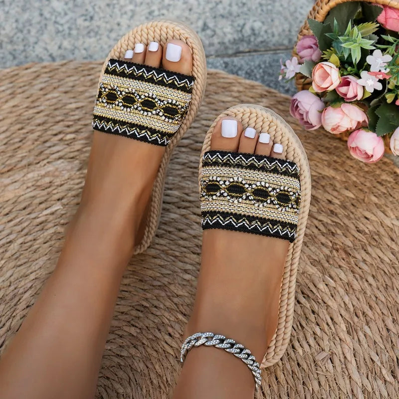 Women’s Boho Tassel Slippers – Flat Outdoor Beach Slides, Ethnic Sandals