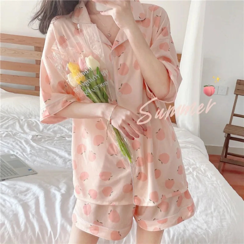 Women’s Pajama Set – Short Sleeve Top & Shorts, Printed Loungewear