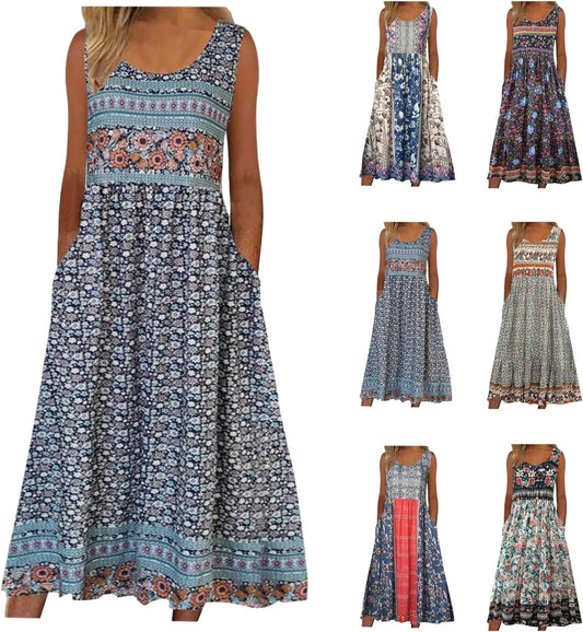 2025 Summer Women's Boho Floral Sleeveless Midi Sundress