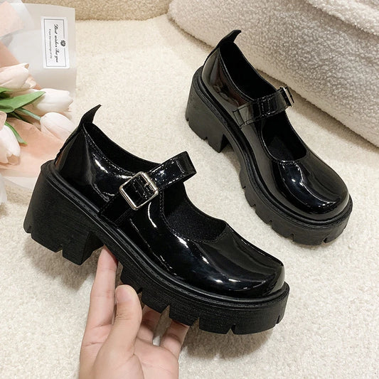 Spring 2025 Women’s Retro Thick-Soled Leather Shoes – Round Toe Buckle Single Shoes