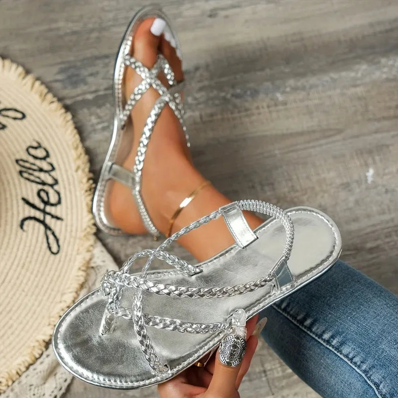 Women's Braided Flat Sandals – Casual, Lightweight, Clip Toe Summer Shoes with Elastic Band in Gold & Silver.