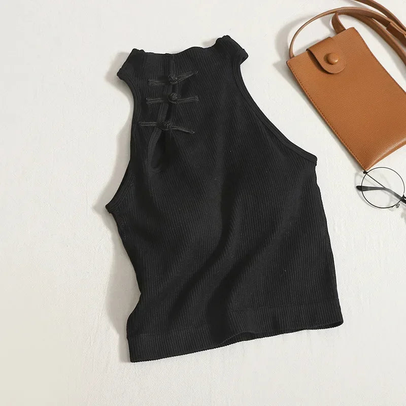 Vintage Halter Camisole for Women – Sleeveless Button Crop Top with Built-In Bra.