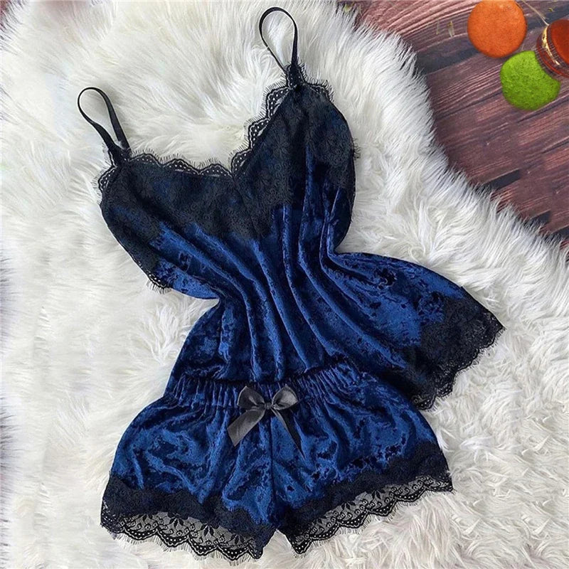 Women’s Sexy Lingerie Sleepwear – Velvet Pajama Set with V-Neck Camisole & Bow Shorts