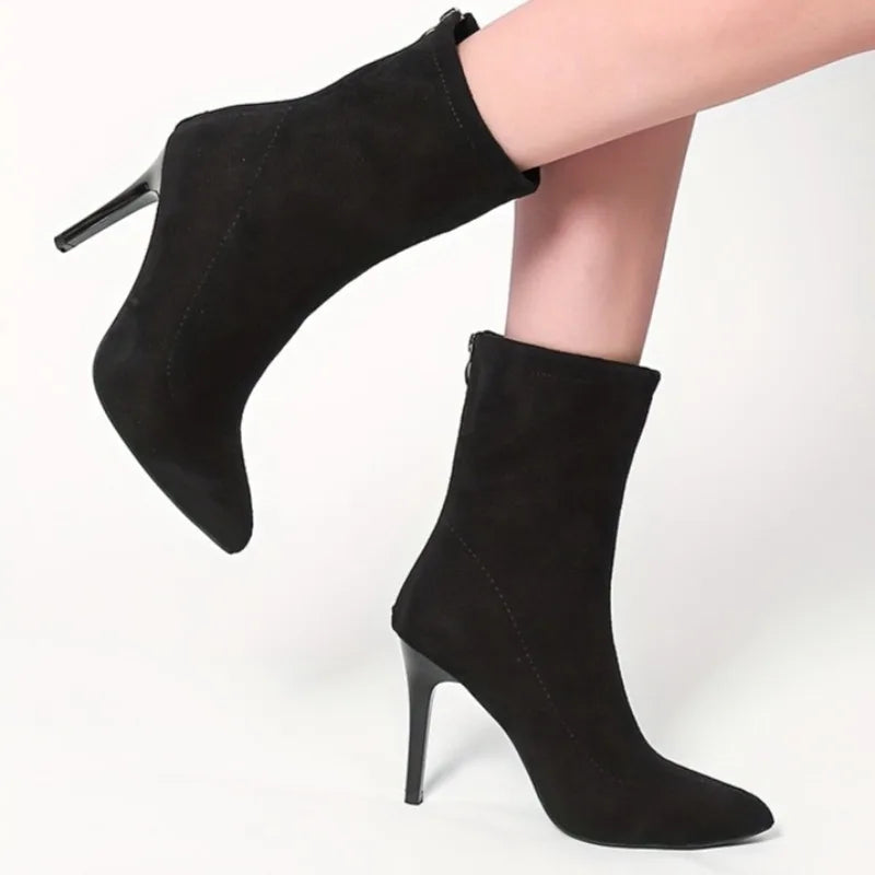 Fashion Suede Stiletto Ankle Boots – Autumn New Style, Pointed Toe, Back Zipper, Non-Slip, Wear-Resistant High Heels