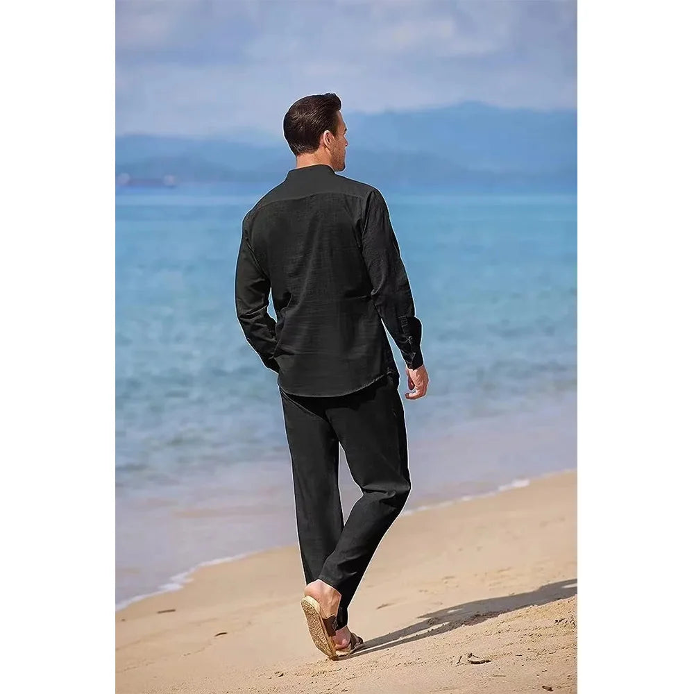 Men's Cotton Linen 2-Piece Set – Casual Beach Shirt & Pants
