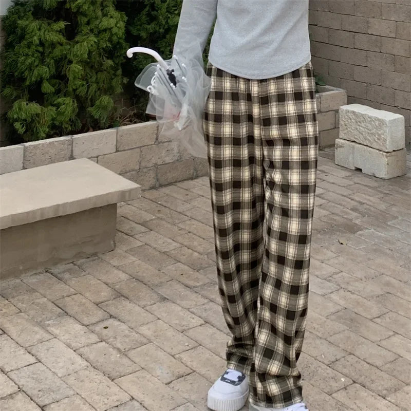 Women’s Winter Plaid Wide-Leg Pants – High-Waist & Fleece-Lined