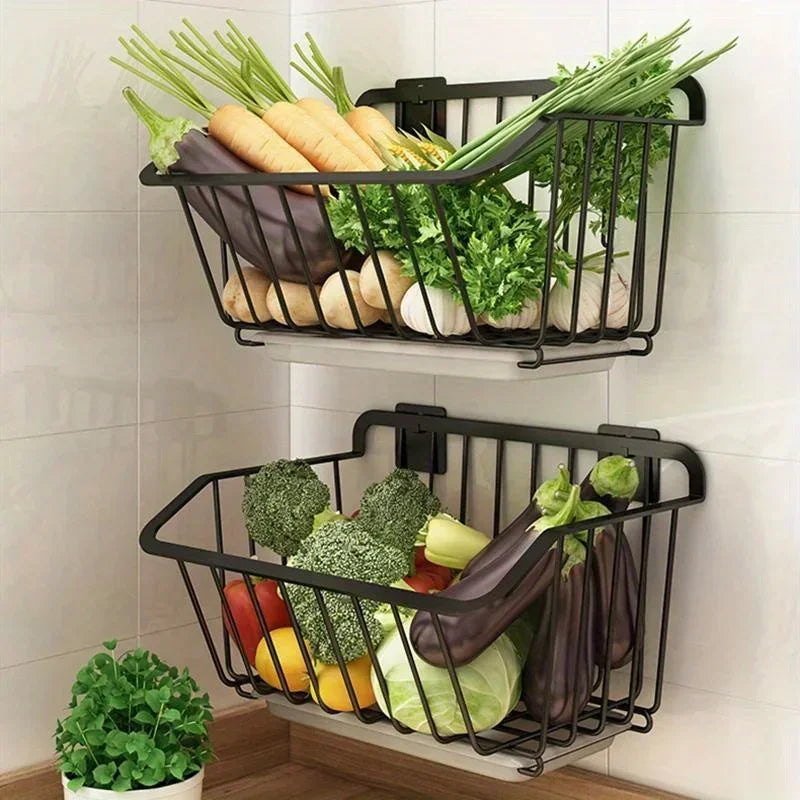 Stainless Steel Kitchen Storage Basket – Wall-Mounted Organizer for Fruits, Vegetables, Spices & Dishes