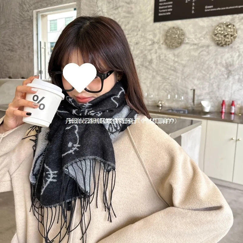 Hello Kitty Scarf Cute Anime KT Women Accessories Winter Black Grey Double Sided Versatile Simple Decoration Girl Gift Wholesale