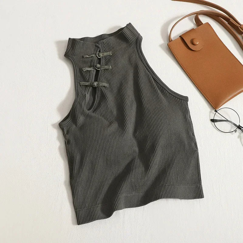 Vintage Halter Camisole for Women – Sleeveless Button Crop Top with Built-In Bra.