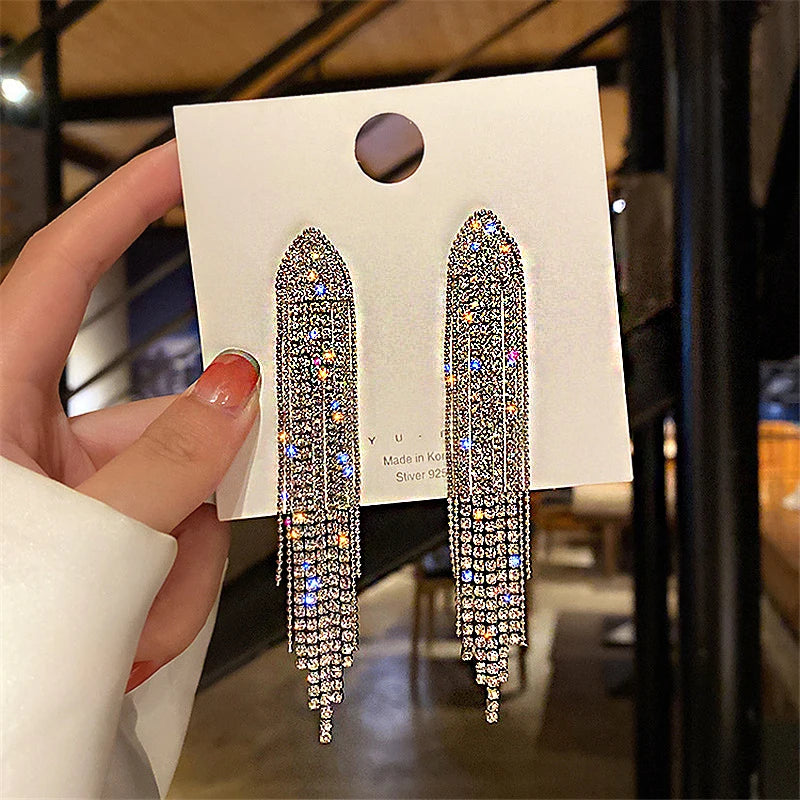 Shiny Crystal Zircon Drop Earrings for Women Geometric Tassel Vintage Pendant Fashion Jewelry