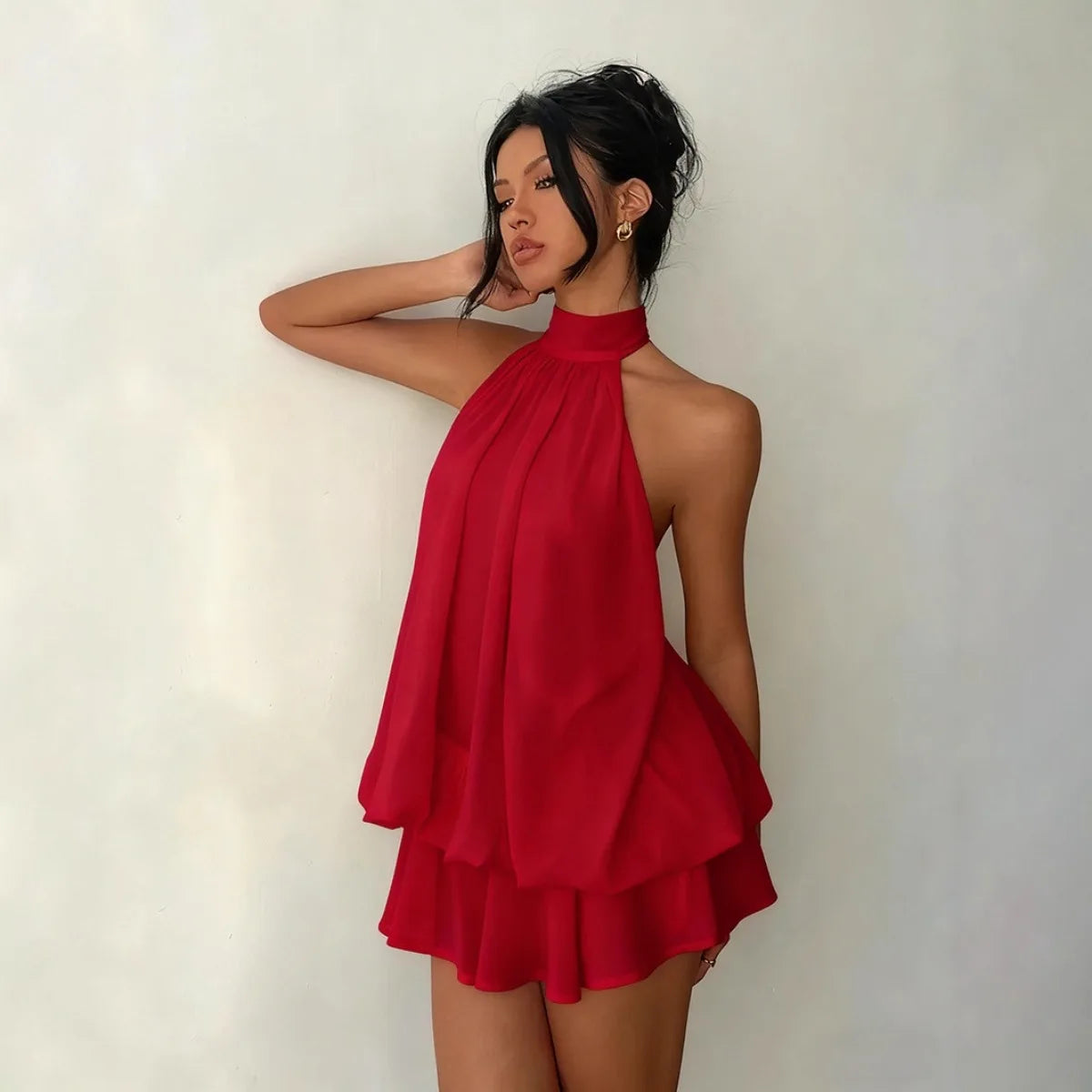 Women’s Y2K Halter Neck Backless Tie-Front Chiffon Mini Dress
