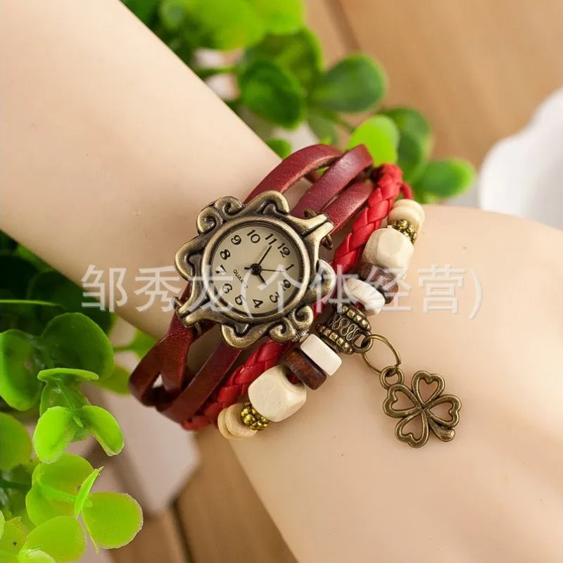 Vintage Leather Bracelet Watch – Butterfly & Clover Pendant