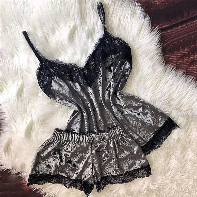 Women’s Sexy Lingerie Sleepwear – Velvet Pajama Set with V-Neck Camisole & Bow Shorts