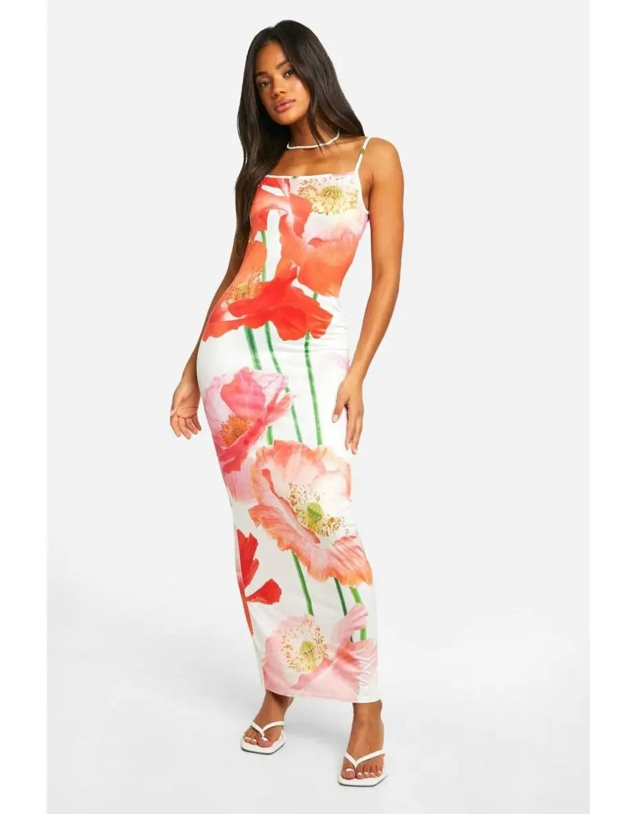 Women's Y2K Floral Slip Maxi Dress – Spaghetti Strap, Bodycon Beachwear