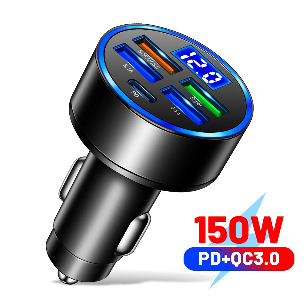 66-250W PD Car Charger QC3.0 Fast Charging Cigarette Lighter Splitter with Digital Display, 1-to-6 Multi Port Adapter