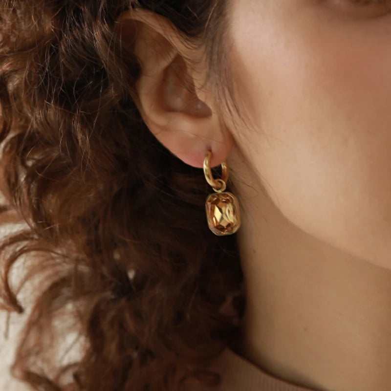 Trendy Women’s Earrings – Stainless Steel with Cubic Zirconia & Glass, Modern Style Gift