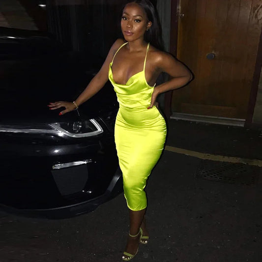 Neon Satin Lace-Up Backless Bodycon Midi Dress for Women – Light Pink, Elegant & Sexy Party Outfit, Summer 2022.