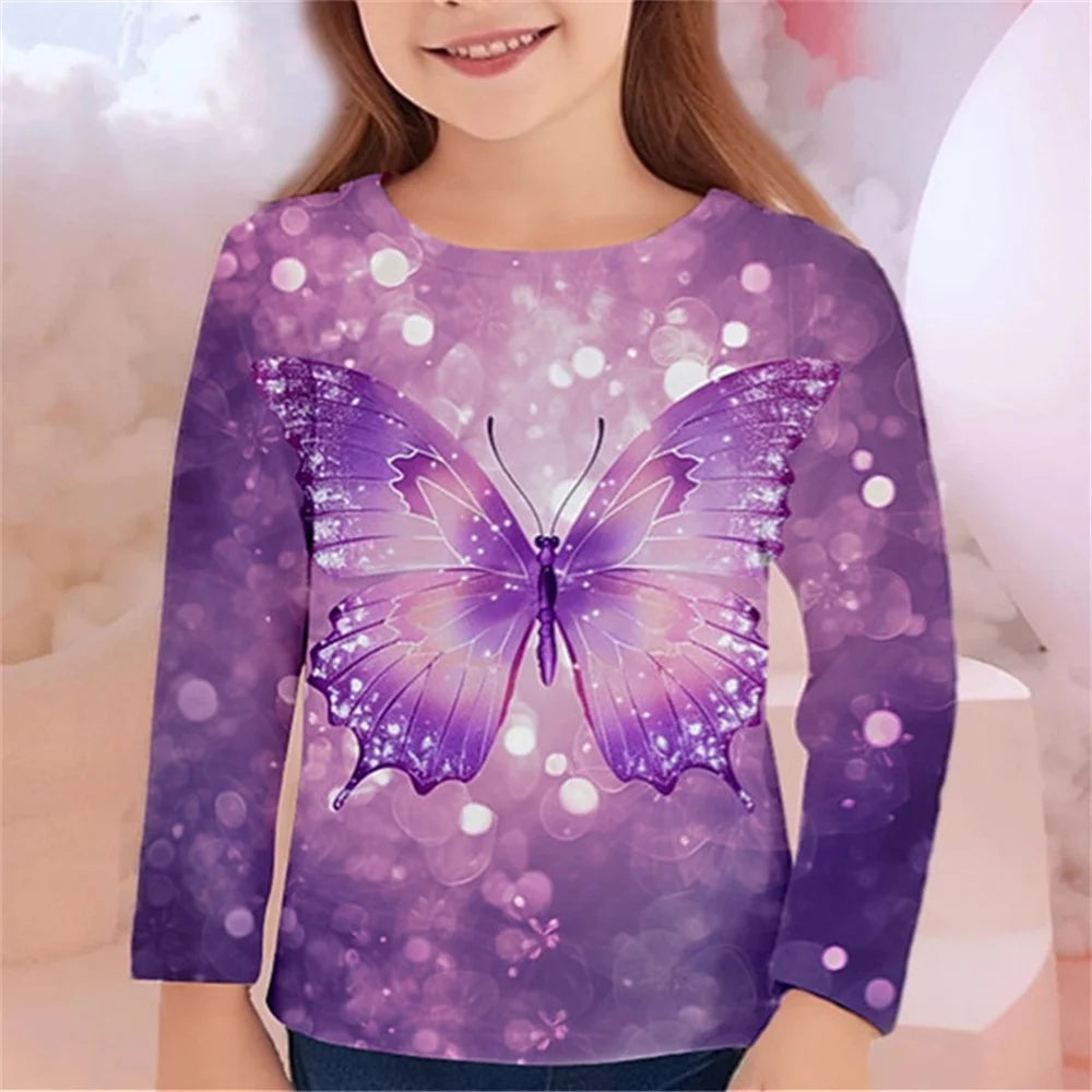 Girls' 3D Butterfly Print Long-Sleeve T-Shirt – Casual Spring/Fall Kids' Top