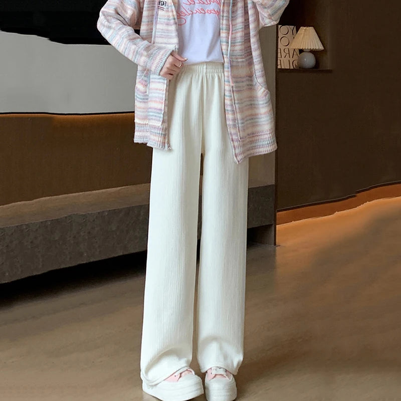 Casual Fleece Lined Wide Leg Pants Women High Waist Warm Winter Trousers Solid Color Loose Straight Pocket Pants
