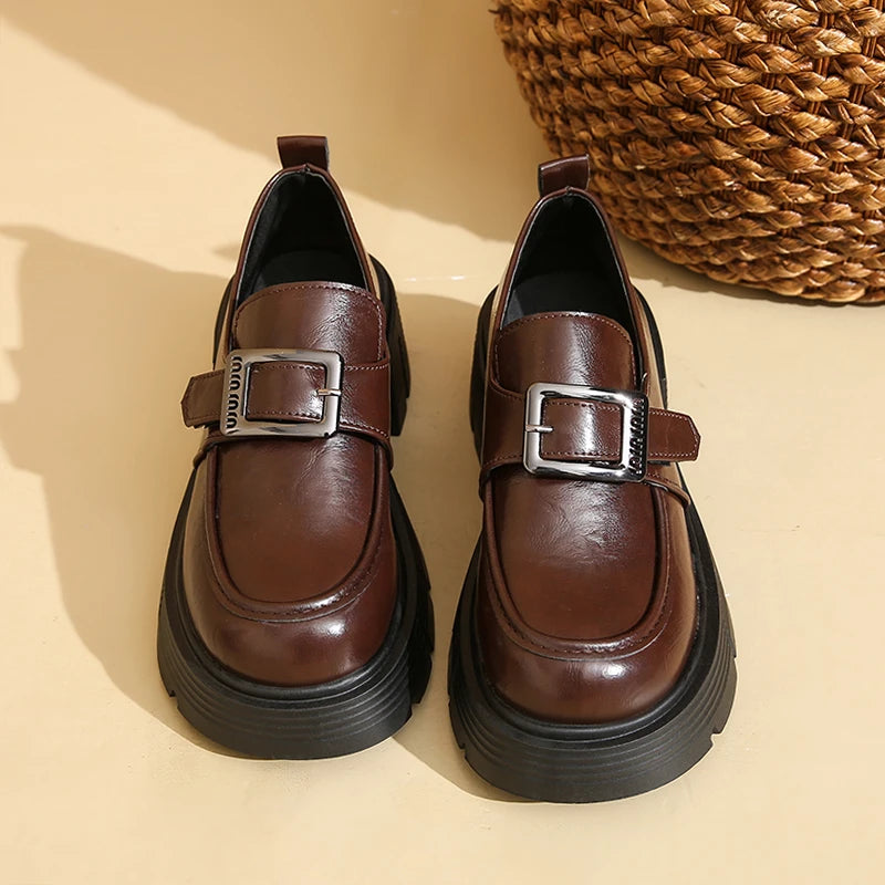 Versatile Loafers New Spring/Autumn Retro British-Style Leather Platform Shoes