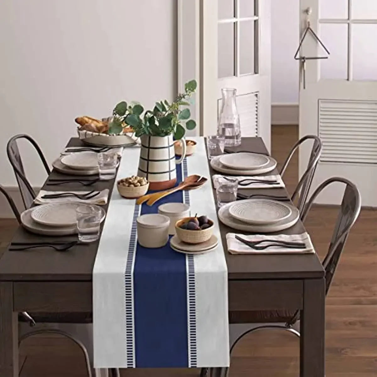 Navy Blue Striped Linen Table Runner – Farmhouse Washable Dresser Scarf for Dining, Wedding & Home Decoration