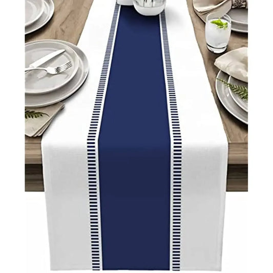 Navy Blue Striped Linen Table Runner – Farmhouse Washable Dresser Scarf for Dining, Wedding & Home Decoration