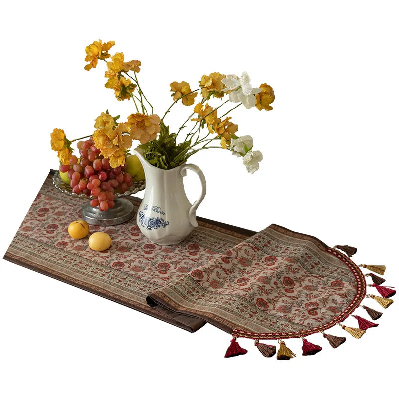 Vintage Linen Table Runner – Boho Luxury Tassel Decor, Extra Long Farmhouse Dining & Tea Ceremony Table Flag