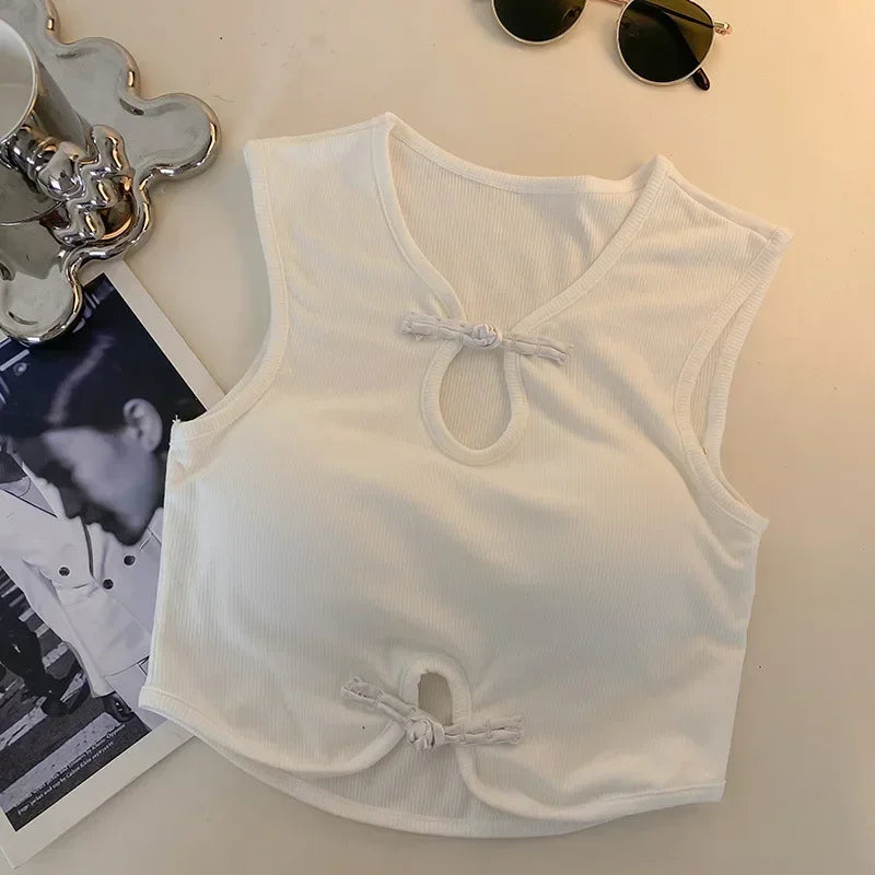 Vintage Halter Camisole for Women – Sleeveless Button Crop Top with Built-In Bra.