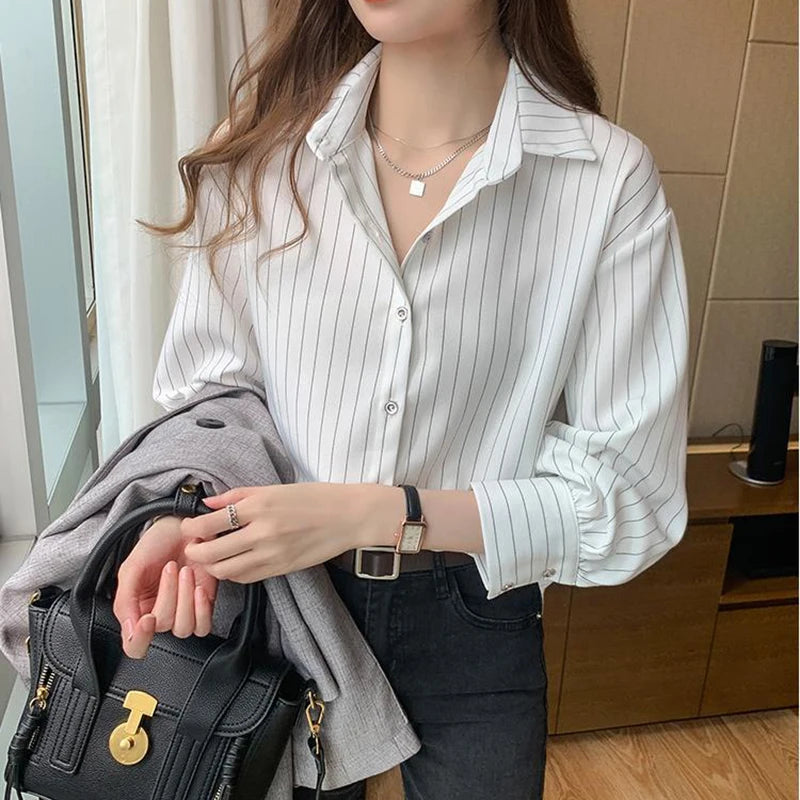 Women’s Striped Summer Shirt – Vintage Chic Loose Long Sleeve Blouse