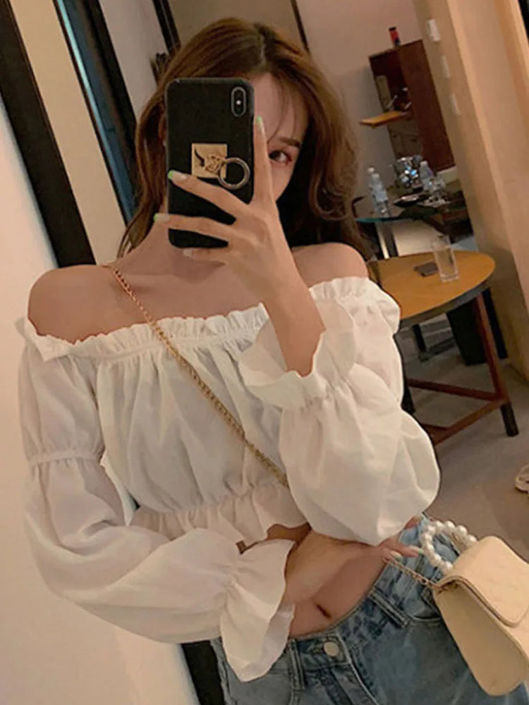 Women’s Off-Shoulder Puff Sleeve Blouse – Ruffle, Crop Top, White